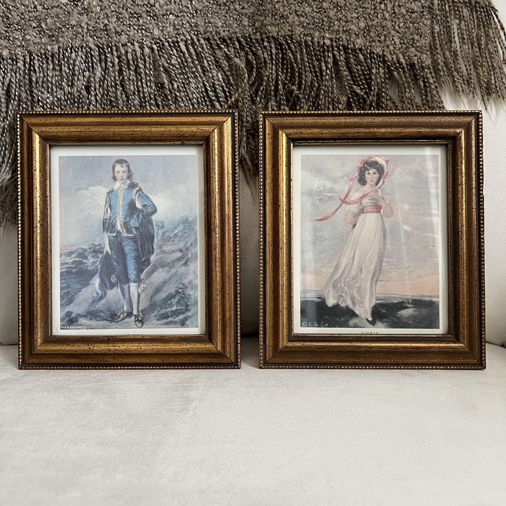 Vintage Blue Boy Pinkie Framed Art Prints Set Gold Ornate Frame Wall Decor